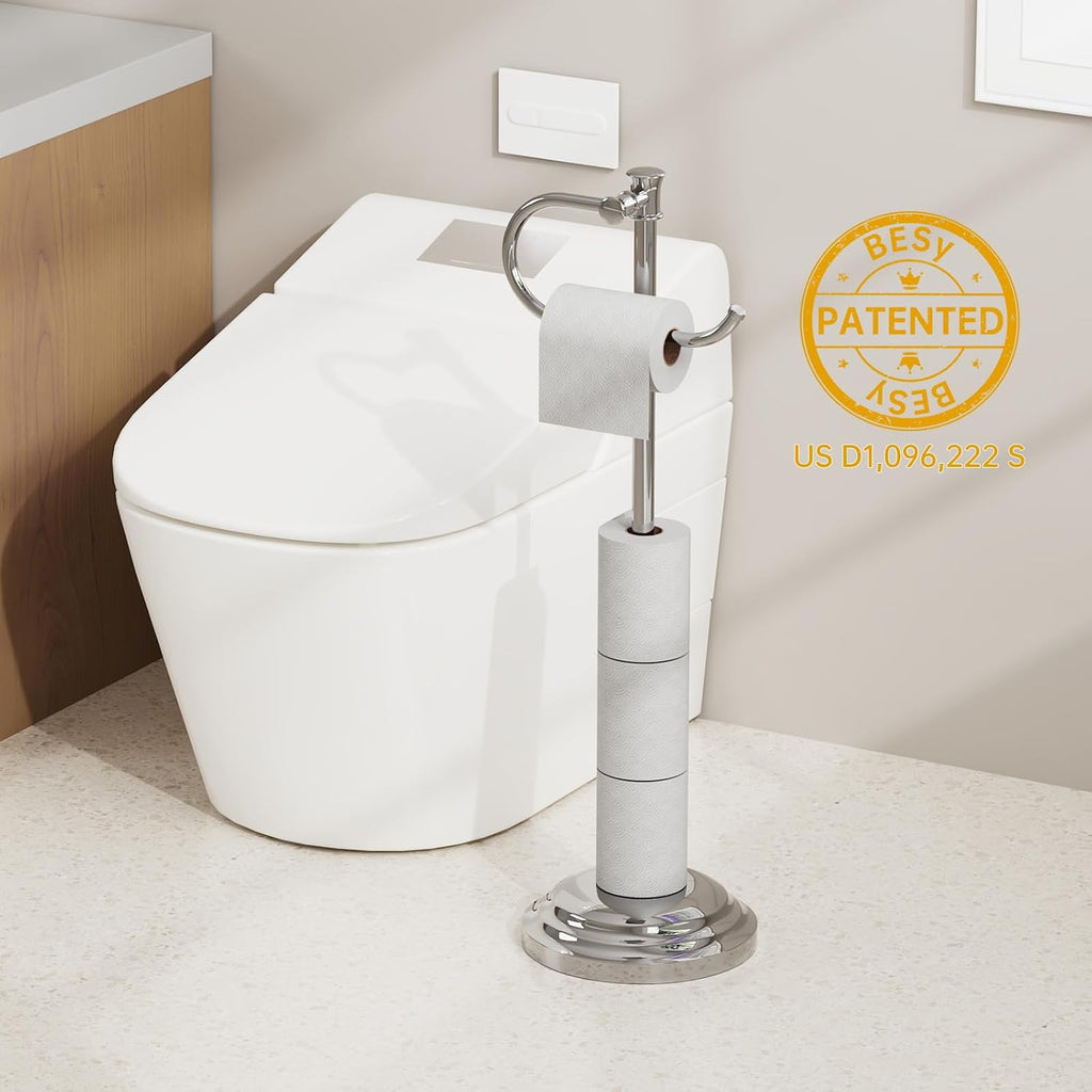BESy Toilet Paper Holder Floor Stand, Bathroom Freestanding Chrome