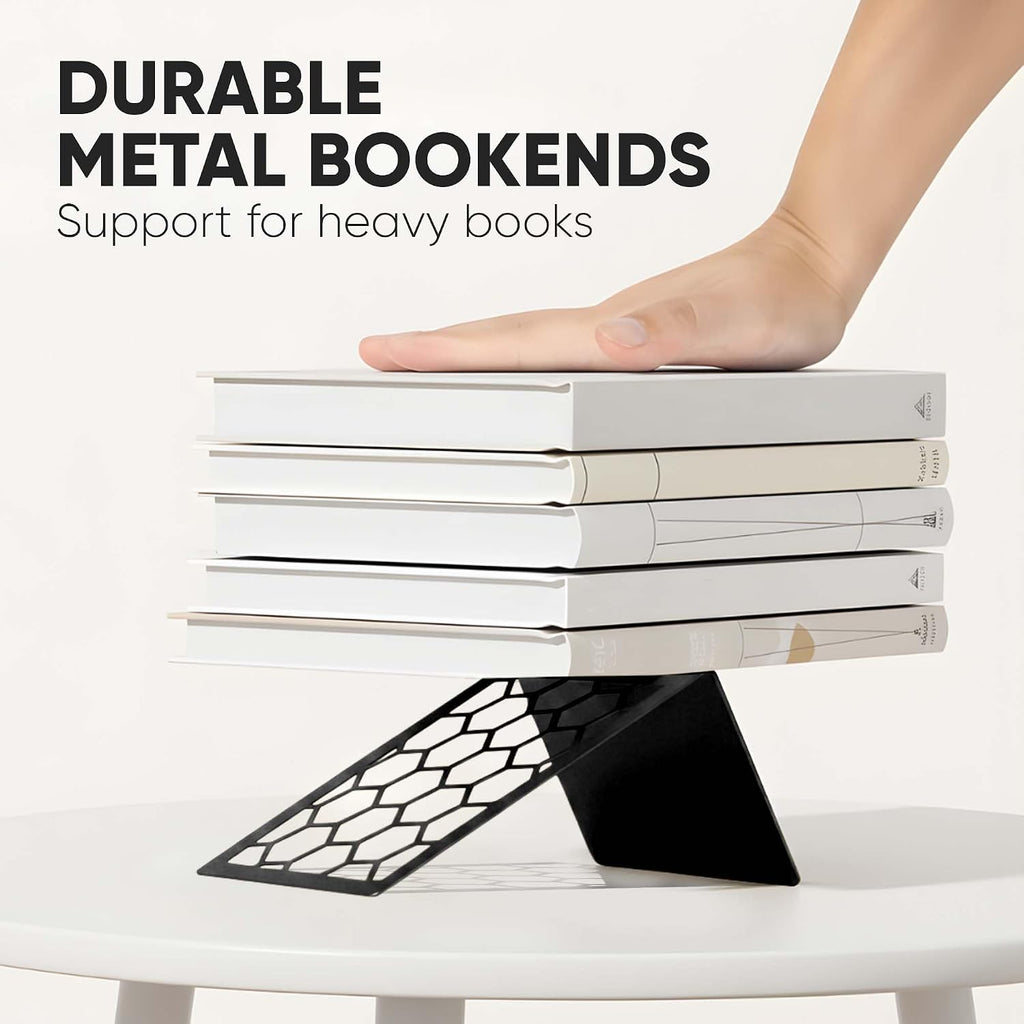 GEOMOD Premium Geometric Black Honeycomb Bookends for Shelves, Metal Book Ends Office, L-Shaped Stopper, Rustproof Decorative Unique Home, 6.25 (L) x 6 (W) inches, 2 Pairs - Geomod, (Pair of 2)