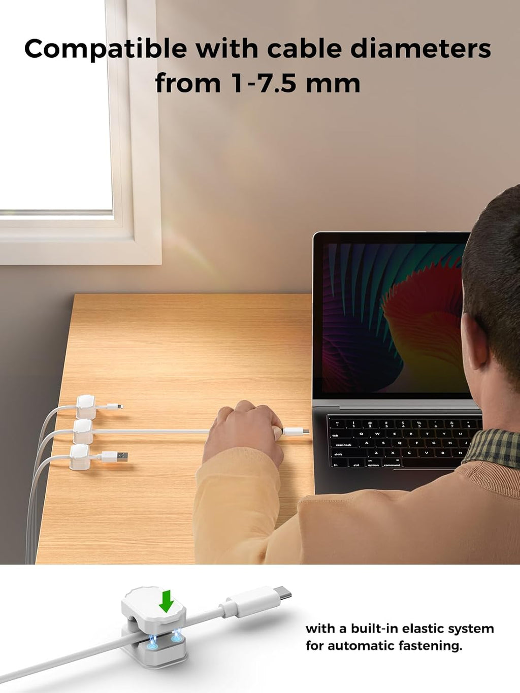 KMOUANTS 6 Pack Elastic Cable Clips [auto Tighten] Cable Holder, Desk Cable Management, Cord Organizer for Home Office Desk Phone car wall Mounted Desktop nightstand Cable Management（White