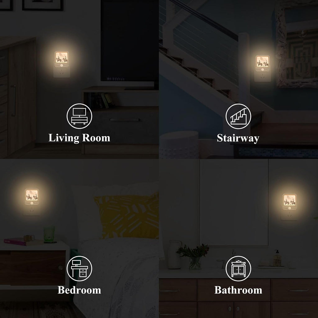 American Wild West Desert with Cowboys Night Light Plug into Wall 2 Pack Plug-in LED Nightlights with Dusk to Dawn Sensor White Light Perfect for Bathroom Kitchen Hallway and Stairs