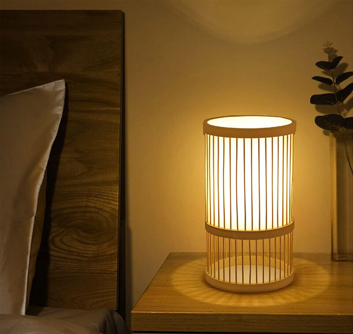 AFORTLO Table Desk Lamp,Janpandi Bamboo Boho Decorative Nightstand Night Light Japanese Hollow-Out Lamp Home Decor for Bedroom,Living Room,End Table or Office with Bulb(White)