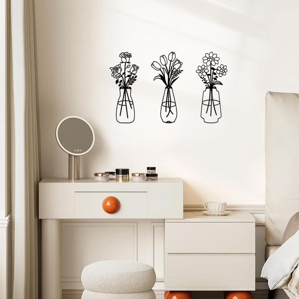 Jasscare Set of 3 Metal Flowers Wall Art, Matte Black Minimalist Line Art Floral Wall Decor, Modern Farmhouse Metal Wall Hanging for Living Room Bedroom Bathroom, Perfect Housewarming Gift for Home Decoration