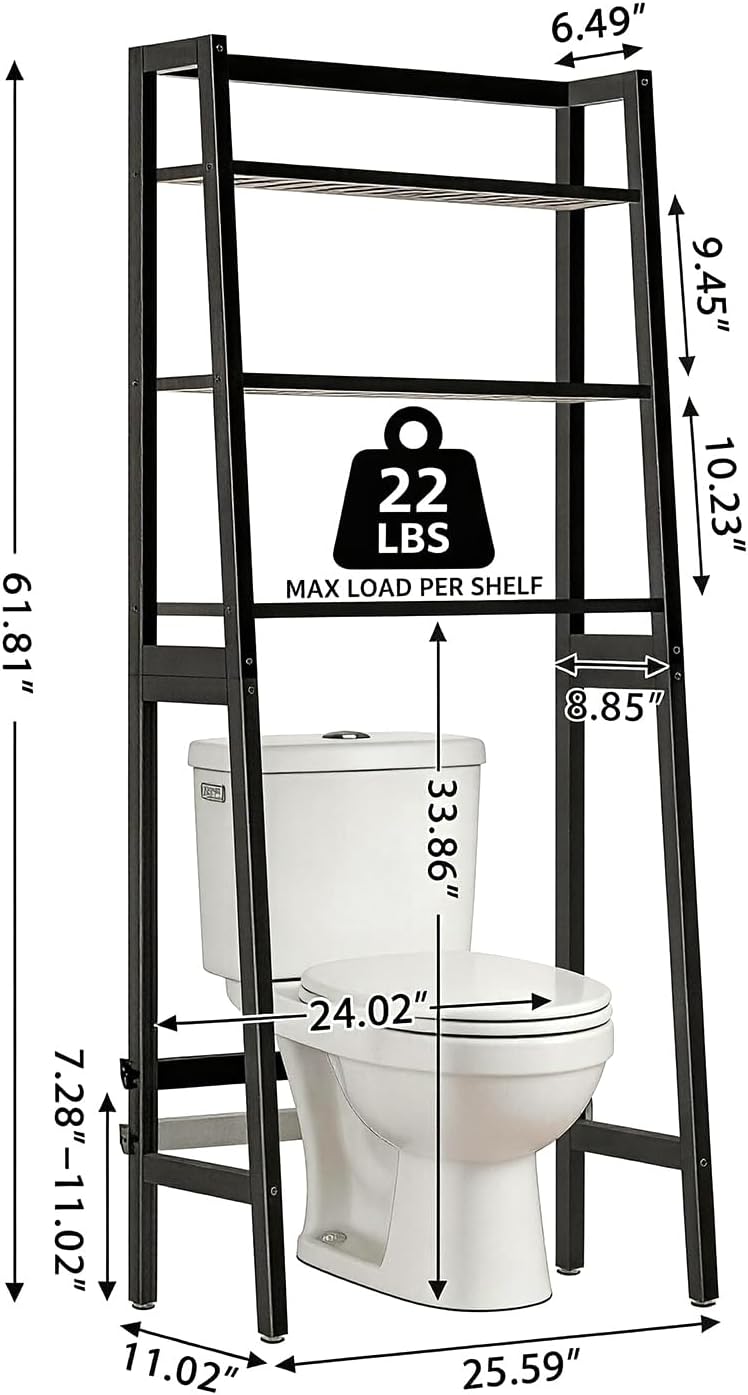 Over The Toilet Storage, Wooden 3-Tier Over-The-Toilet Rack Bathroom Space Saver Organizer, Freestanding Above Toilet with Toilet Paper Holder and Hooks（Black）