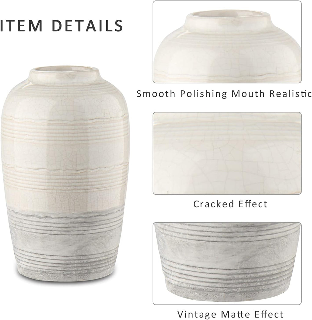 Ceramic Rustic Farmhouse Vase for Home Decor 9 inch Decorative Boho White Pottery Flower Vase for Centerpiece Living Room Bedroom Kitchen Bathroom Dining Table Mantel Shelf Decor