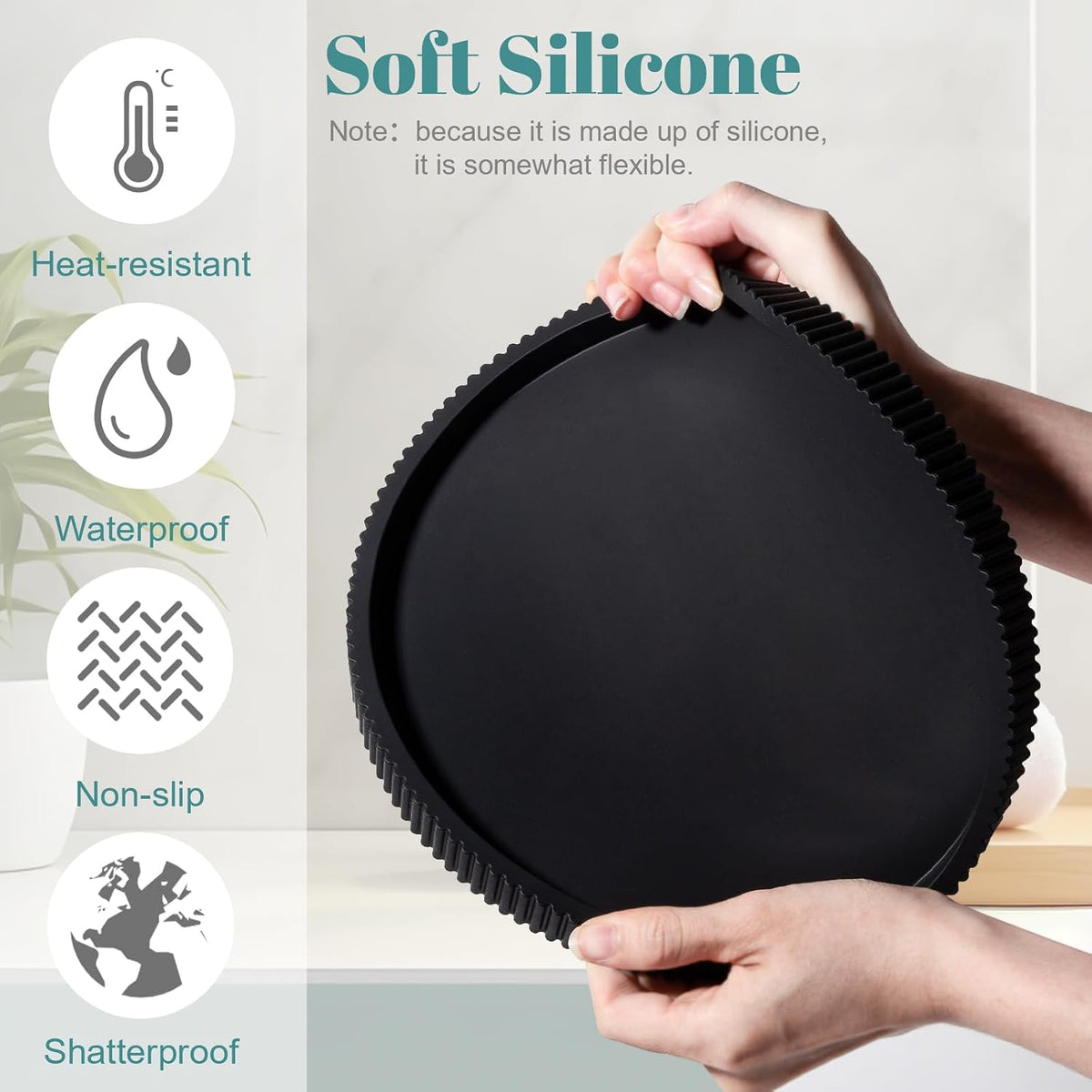Silicone Bathroom Tray Round Perfume Tray Coffee Table Decor, 9" Black