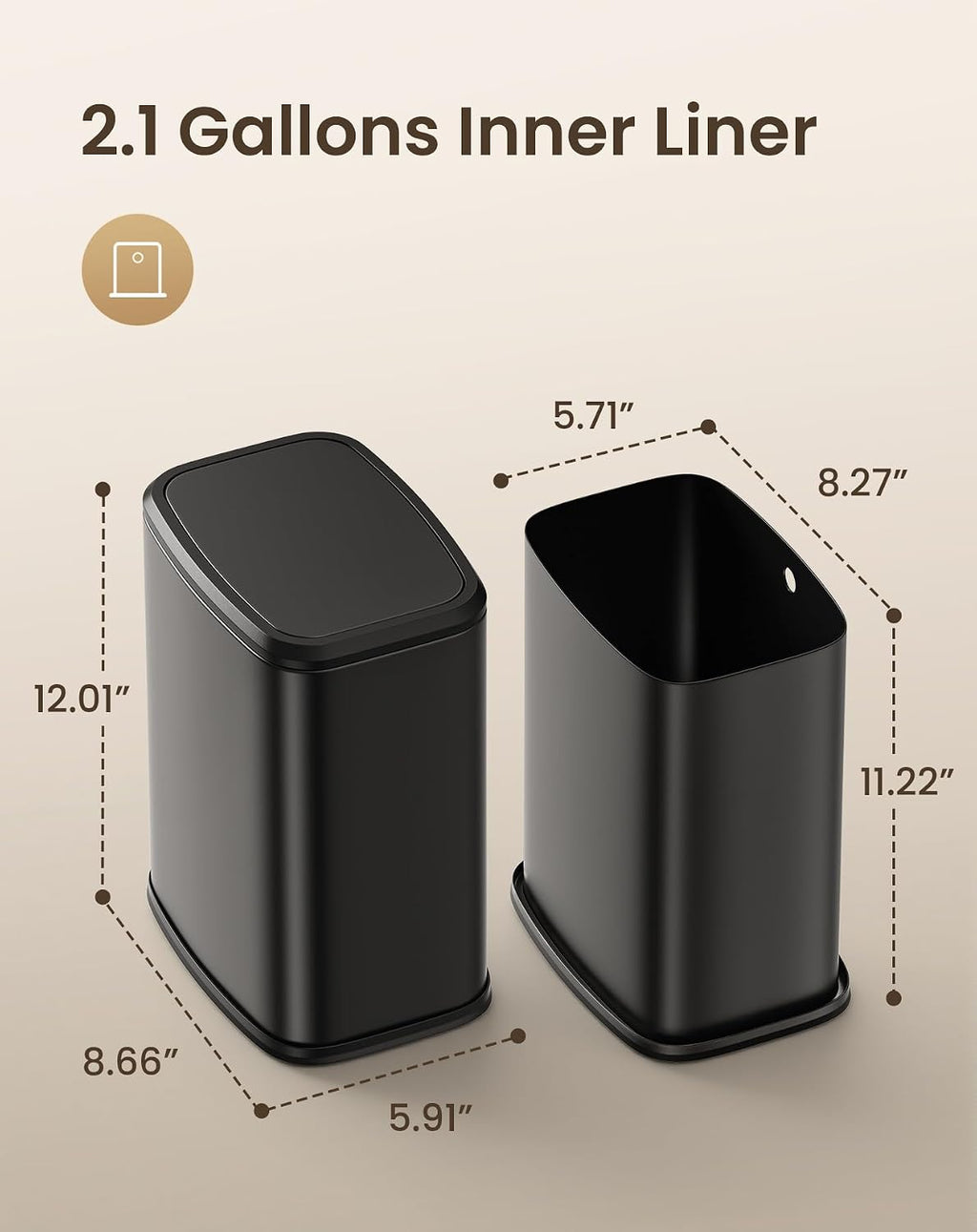 Cesun Small Bathroom Trash Can with Swing Lid, 2.1 Gallons, Black