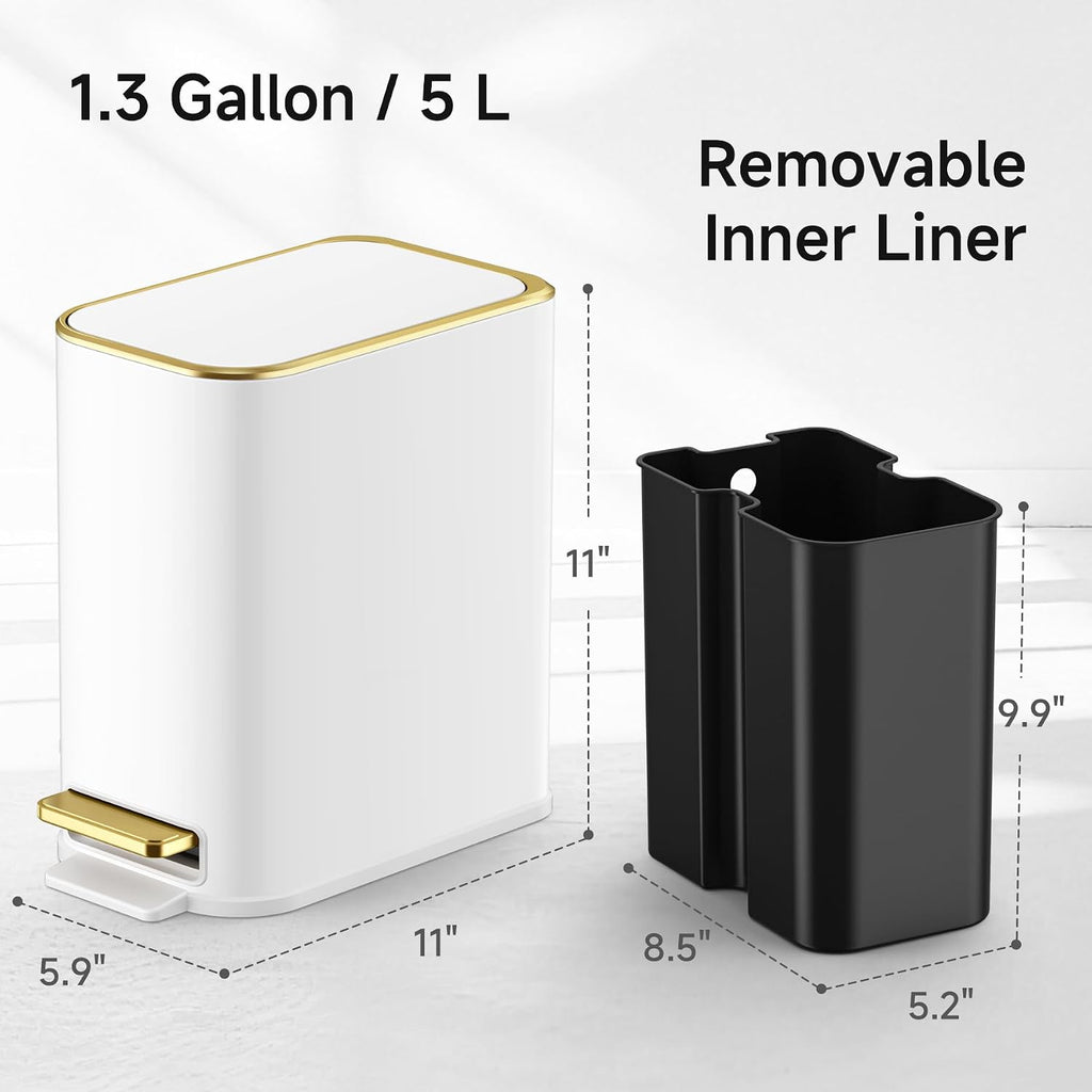 TIPGO Small Bathroom Trash Can with Lid, 5 Liters / 1.3 Gal, White