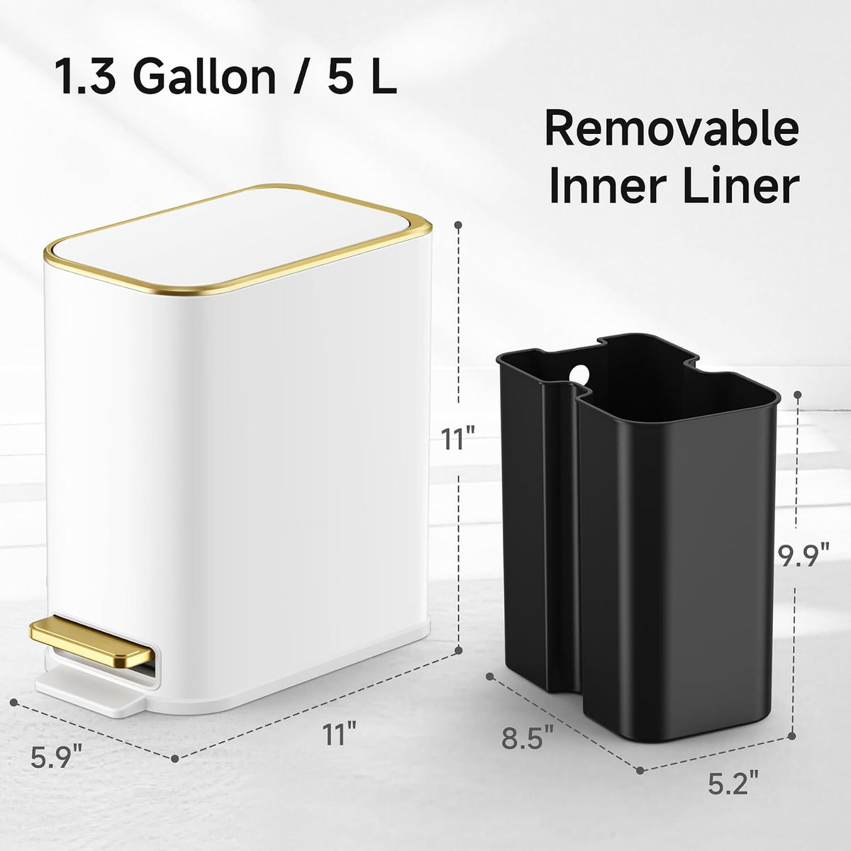TIPGO Small Bathroom Trash Can with Lid, 5 Liters / 1.3 Gal, White