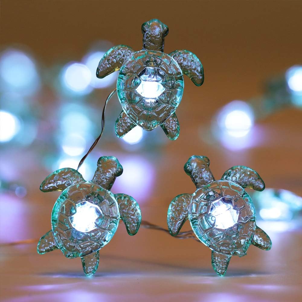 WSgift Sea Turtle Decorative String Lights, 18.7 Ft 40 LED USB Plug-in Silver Copper Wire Beach Theme Fairy Lights for Indoor Outdoor Decoration Projects (Cool White, Remote Control with Timer)