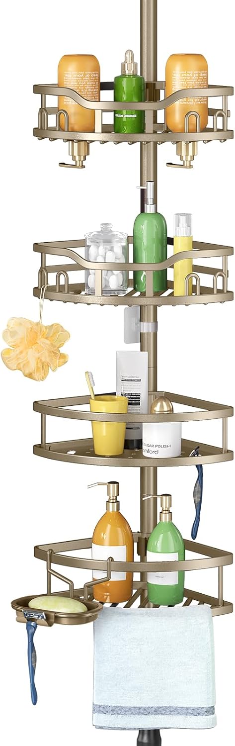 HAMITOR Shower Caddy Corner Tension Pole Adjustable No-Drill Bathroom Shelf