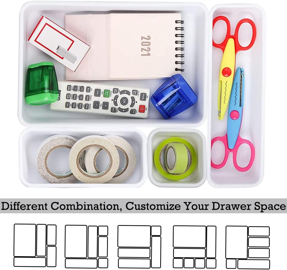 BOPART 25pcs Drawer Organizer Trays for Makeup Jewelries or Gadgets Storage Bins Interlocking for Office, Bedroom Dresser, Bathroom Vanity, Kitchen Junk Drawers Organization - White