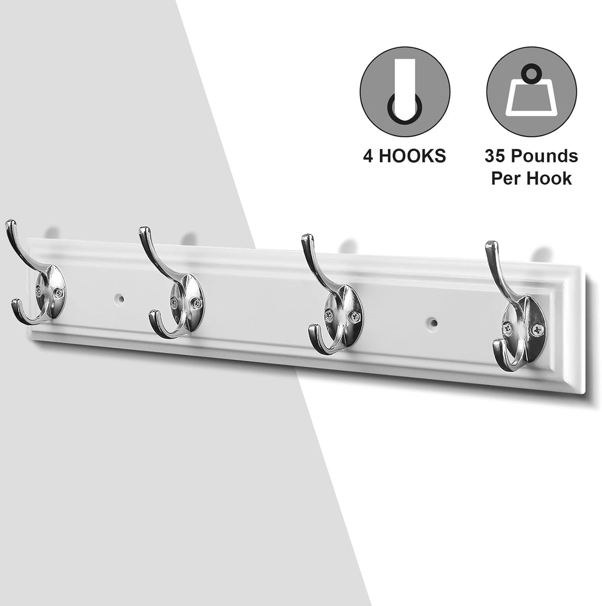 Coat Rack Wall Mounted White, 17" Wooden Modern Wall Coat Hanger with 4 Hooks, Heavy Duty Zinc Alloy Wall Hook Rack for Hanging Coats, Keys, Bags, Great Touch for Bedroom Bathroom Kitchen