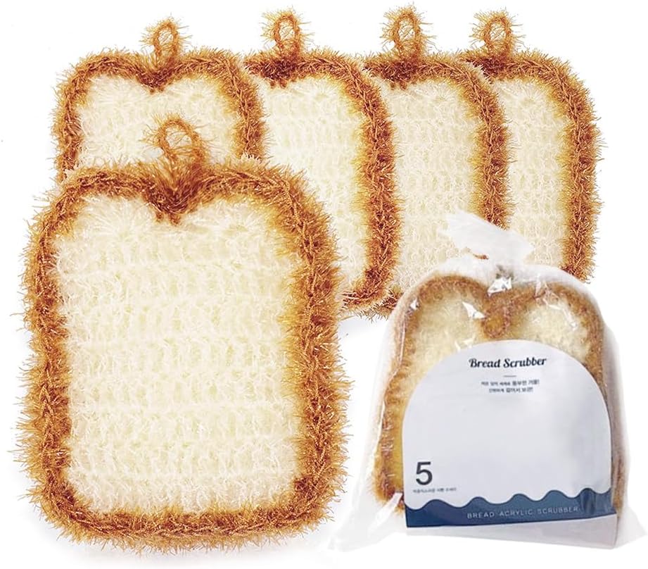5 Pcs Cute Crochet Scrubbers, Toast Shaped No Odor Non-Scratch Reusable Scrub for Kitchen and Household Use Double Layered Scrubbers Cleaning Wash Sponge