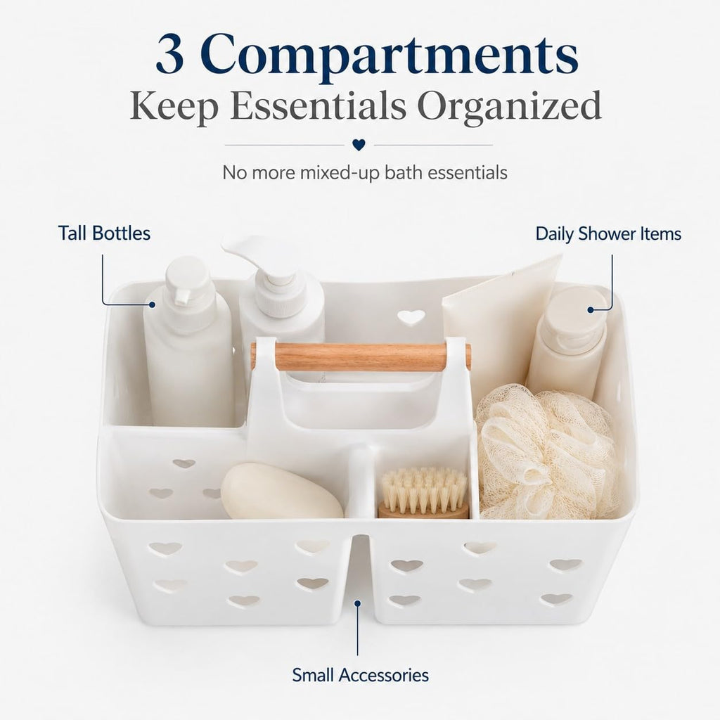 White Portable Shower Caddy, Plastic Basket Organizer with Wooden Handle