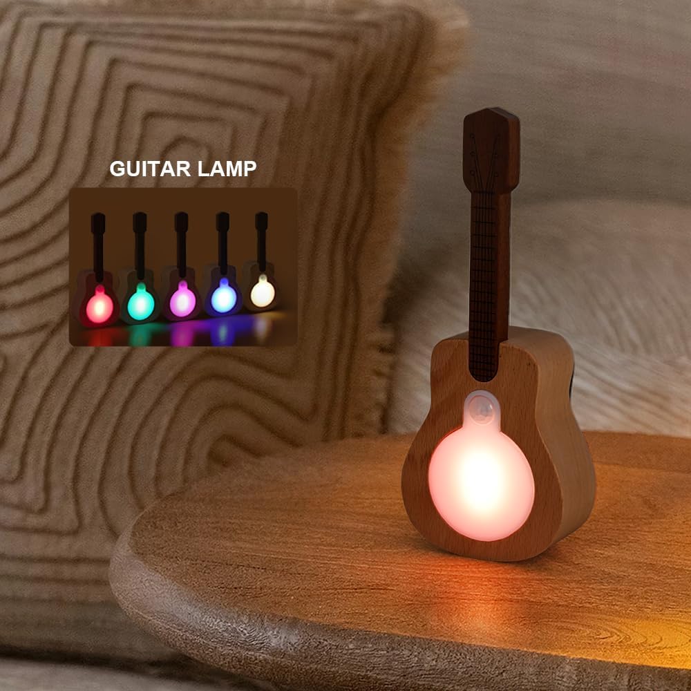 Solid Wood Guitar Night Light Motion Sensor Rechargeable Magnetic LED Lamp