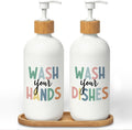 Boho Kids Hand and Dish Soap Dispenser Set, Wash Your Hands & Dishes Glass Soap Dispenser, Hygiene Instruct Colorful Refillable Handsoap Pump Bottle for Bathroom Countertop Kitchen