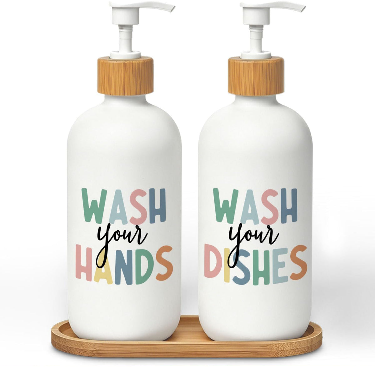 Boho Kids Hand and Dish Soap Dispenser Set, Wash Your Hands & Dishes Glass Soap Dispenser, Hygiene Instruct Colorful Refillable Handsoap Pump Bottle for Bathroom Countertop Kitchen