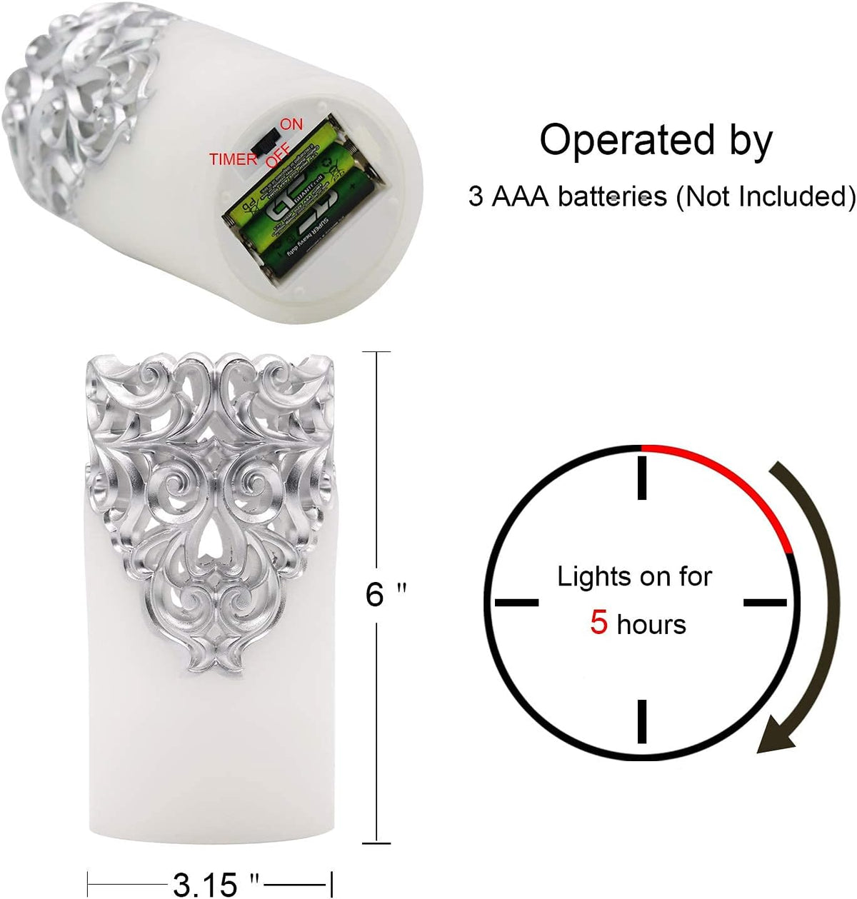 Silver Flameless LED Pillar Candles Battery Operated with 5H Timer