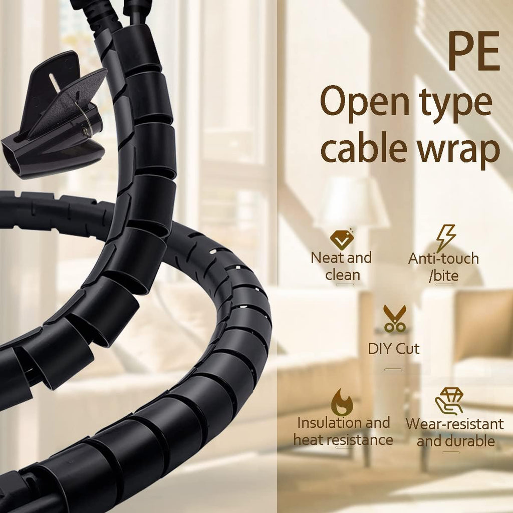 Black Computer Cable Management Sleeve Tube Under Desk Cord Organizer, 7/8 inch -5 ft Cover Wrap Easy to Install Messy Wire Solution for TV Office PC, Pet Chew and Bite Proof Cable Protector
