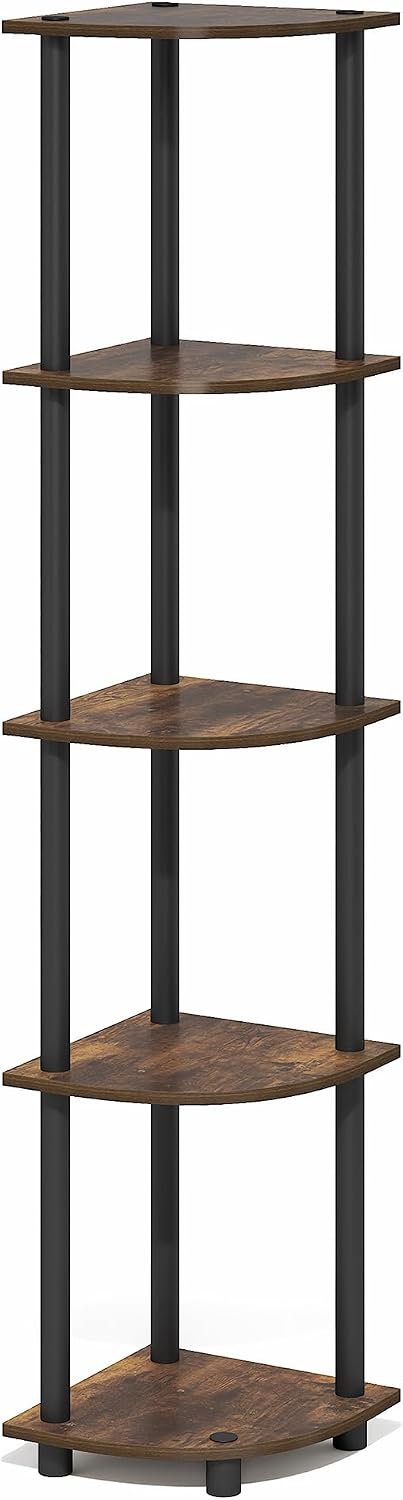 Furinno Turn-N-Tube Corner Shelf, 5-Tier Corner Bookshelf, Open Storage Shelves, for Organization and Storage, Living Room, Home Office, Garage, Bedroom, Amber Oak