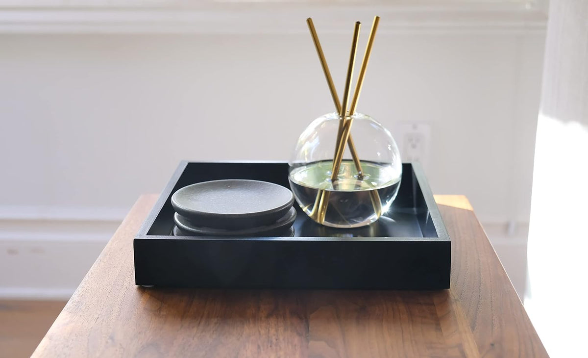 10"x10" Small Square Wood Decorative Tray for Office, Ottoman, Bathroom, Entry, Remote Controls, Countertop Organizer, Candle Tray - Pitch Black