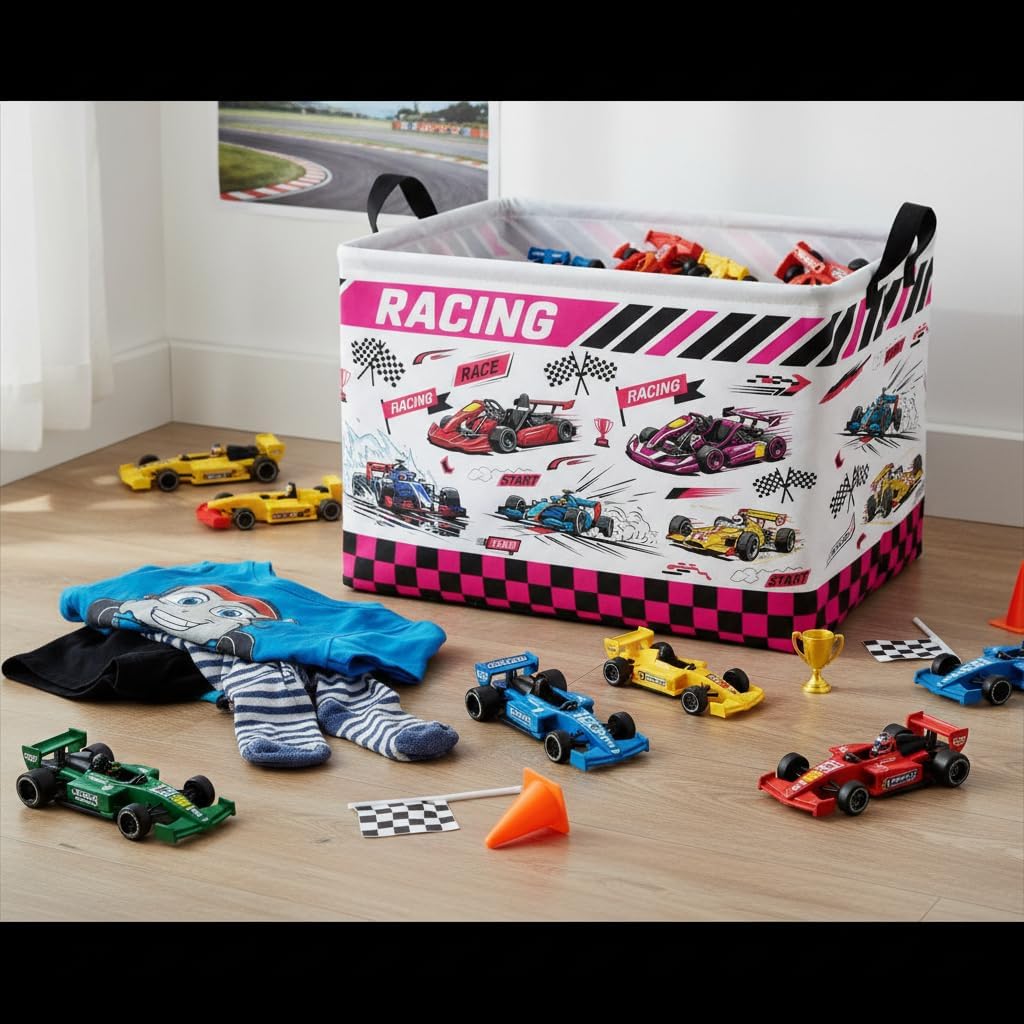 Rectangular Storage Basket Waterproof Collapsible Bin for Bedroom Books Box Room Decor F1 Car 14.9x10.2x9.8 Inches
