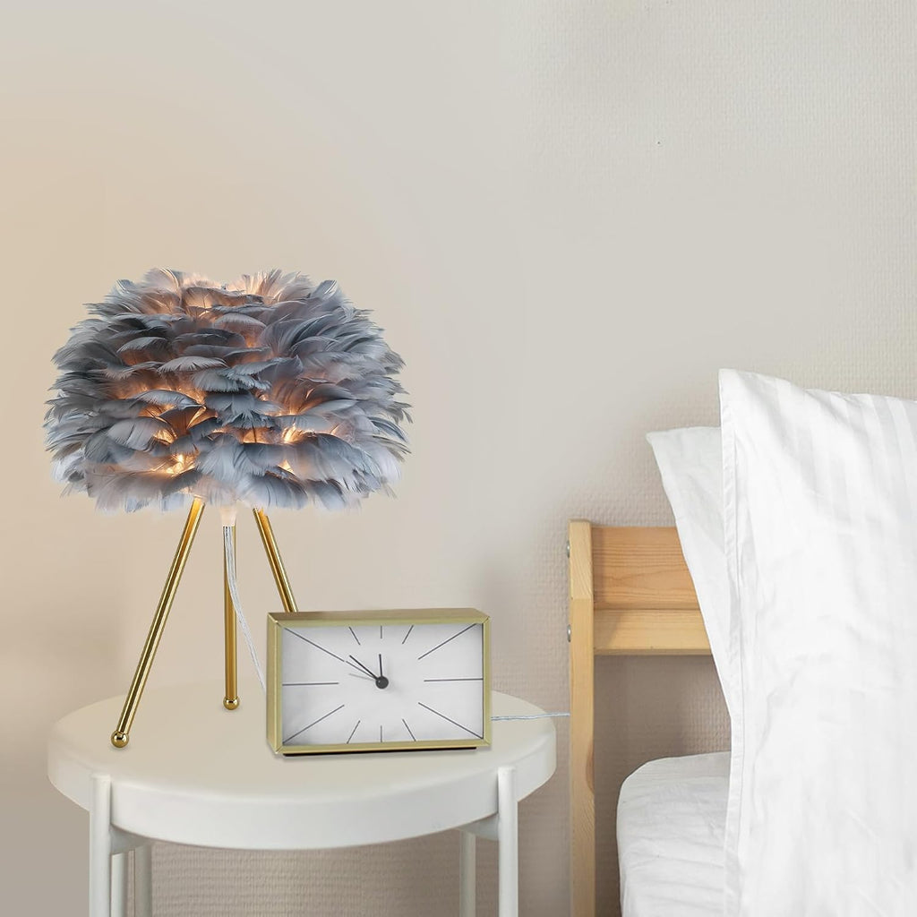 Capslpad 15.3" Feather Tripod Table Lamp - Grey Modern Desk Lamp With Gold Finish for Living Room, Kids, Bedroom, Nursery, Girls Decor - Small Bedside Nightstand Lamp