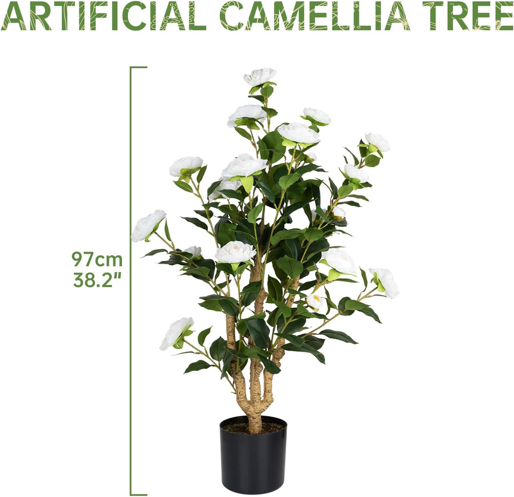 Romantic Season 2Pack Artificial Camellia Tree 3FT, White Faux Camellia Plant Fake Potted Camellia Flower Tree Plastic Camellia Tree for Modern Home Office Living Room Floor Décor Indoor