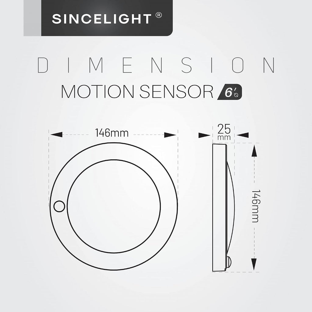 SINCELIGHT PIR Motion Sensor 7W LED Ceiling Light (Φ6''/146mm), Automatically ON/Off, Movement Activated, Cool White 6000K, Surface/Flush Mount for Closet,Cabinet,Hallway, Damp Use, Pack of 1