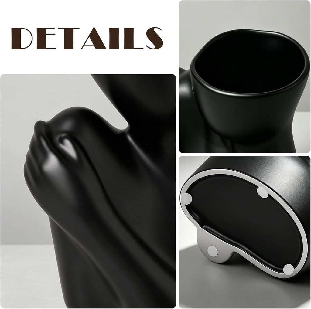 Ceramic Body Vase, Female Form Half Body Vase, Modern Minimalist Boho，Decorative Vase for Living Room, Bedroom, Shelf, Dining Table, Bathroom & Office, (Black Shoulder-Grazing Style)