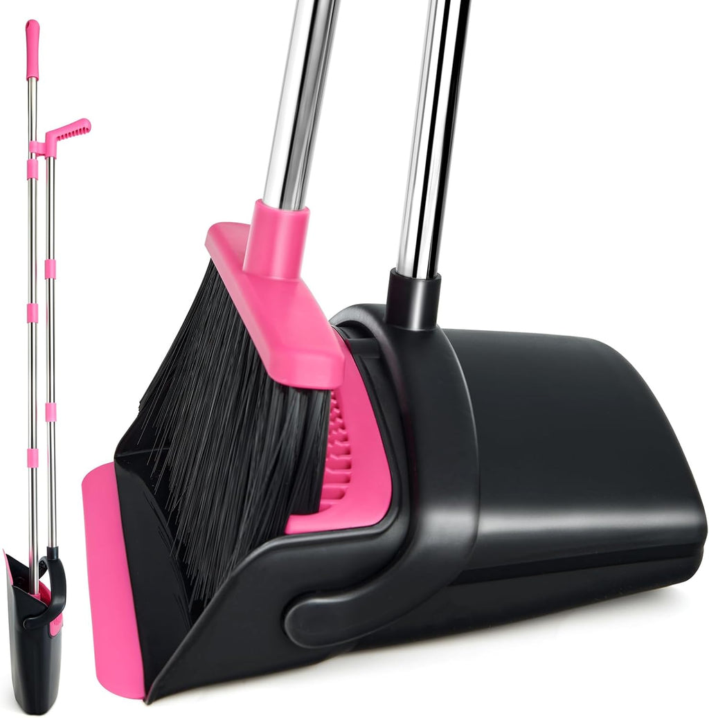 Broom and Dustpan Set,Long Handle Lightweight Dustpans with Broom Combo for Home,Indoor&Outdoor Sweeping for Home Room Kitchen Office Lobby (Black Pink)