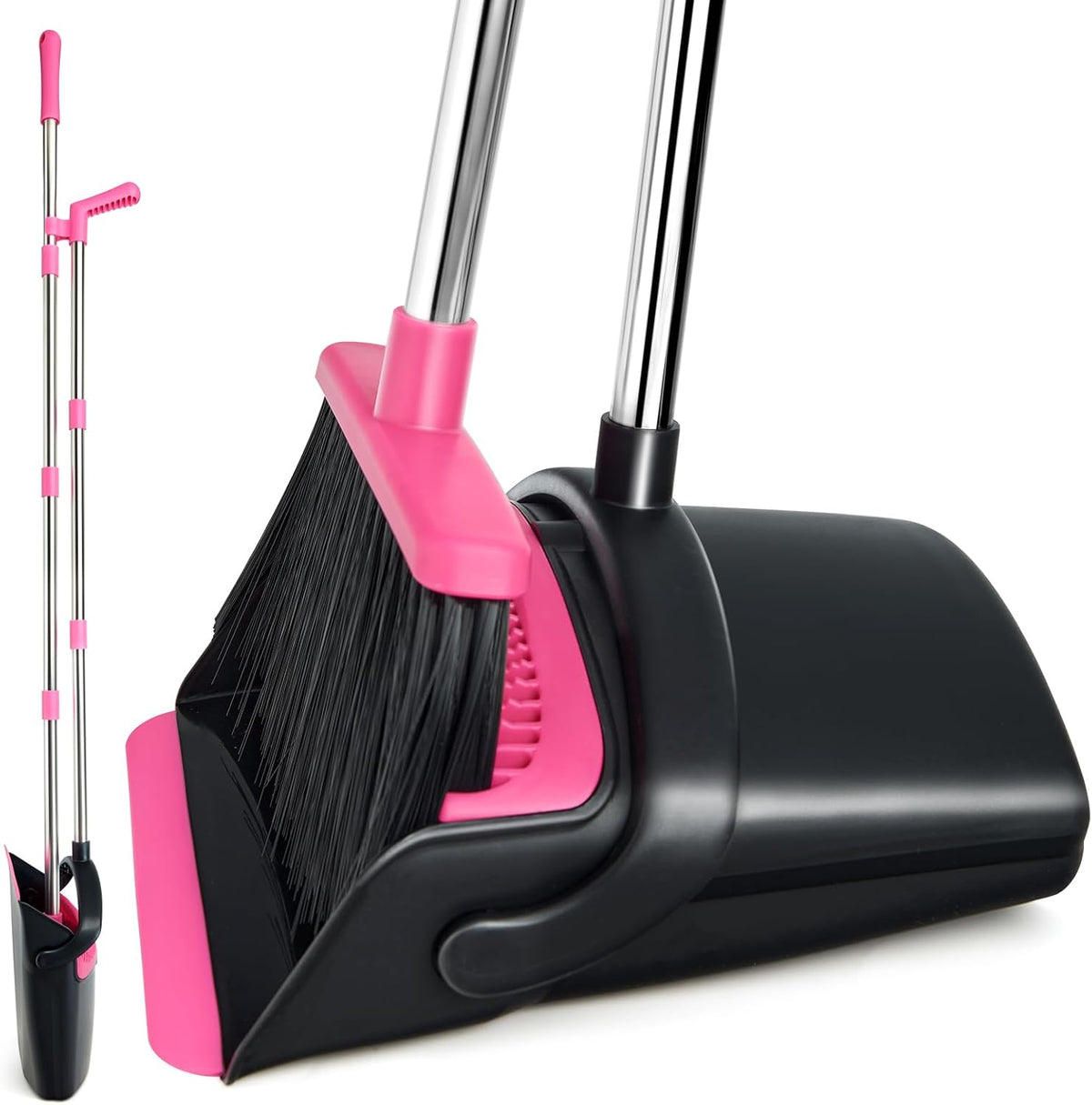 Broom and Dustpan Set,Long Handle Lightweight Dustpans with Broom Combo for Home,Indoor&Outdoor Sweeping for Home Room Kitchen Office Lobby (Black Pink)