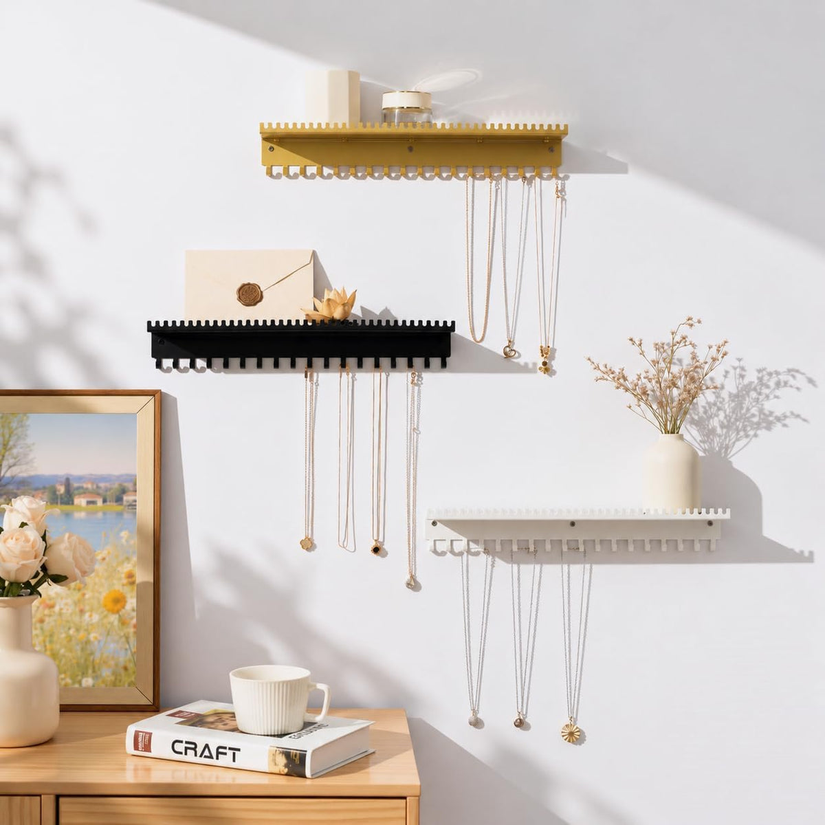 Wall Mounted Necklace Holder with Shelf, Wall Jewelry Organizer, Black