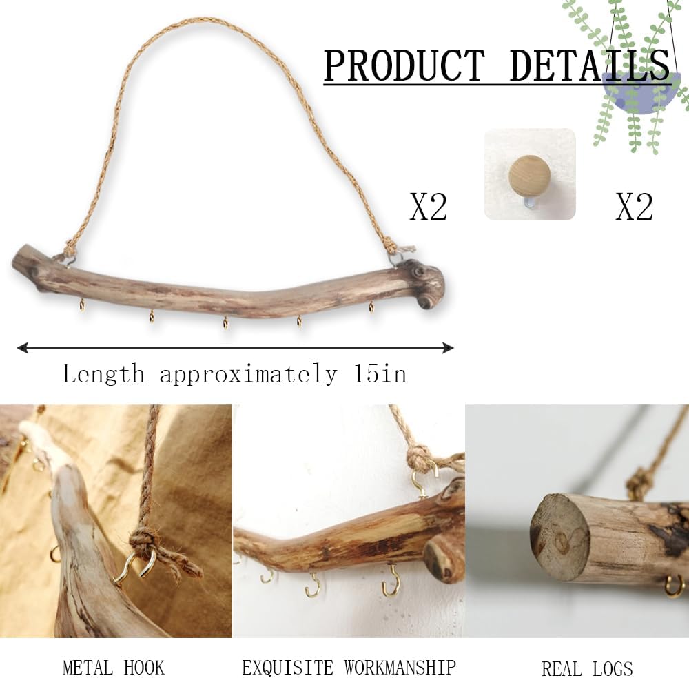 Qenk 2Pcs Driftwood Wall Decor, 15 Inch Branch Jewelry Organizer, 5 Hooks