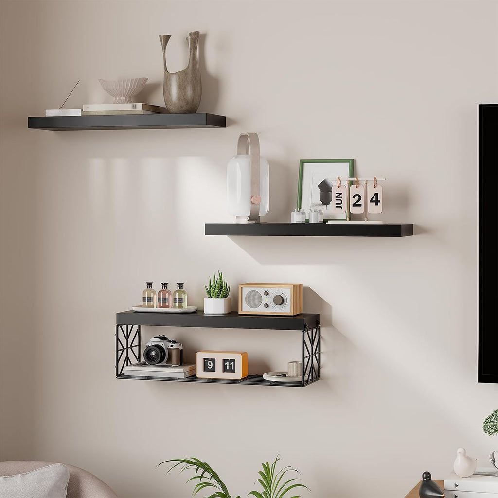 RALGEND Floating Shelves for Wall, 23.6" Bathroom Shelves Over Toilet Set of 3, 1.5" Thick Hanging Wall Mounted Shelf Storage, Farmhouse Home Decor for Bedroom, Living Room, Kitchen, Black 6001BJBB