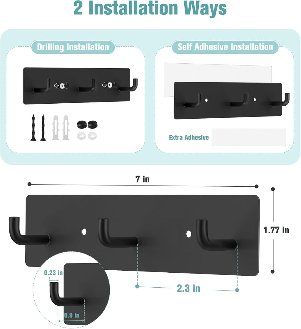 RELBRO Key Holder Wall Mount, Key Rack with 3 Hooks, Small, Black