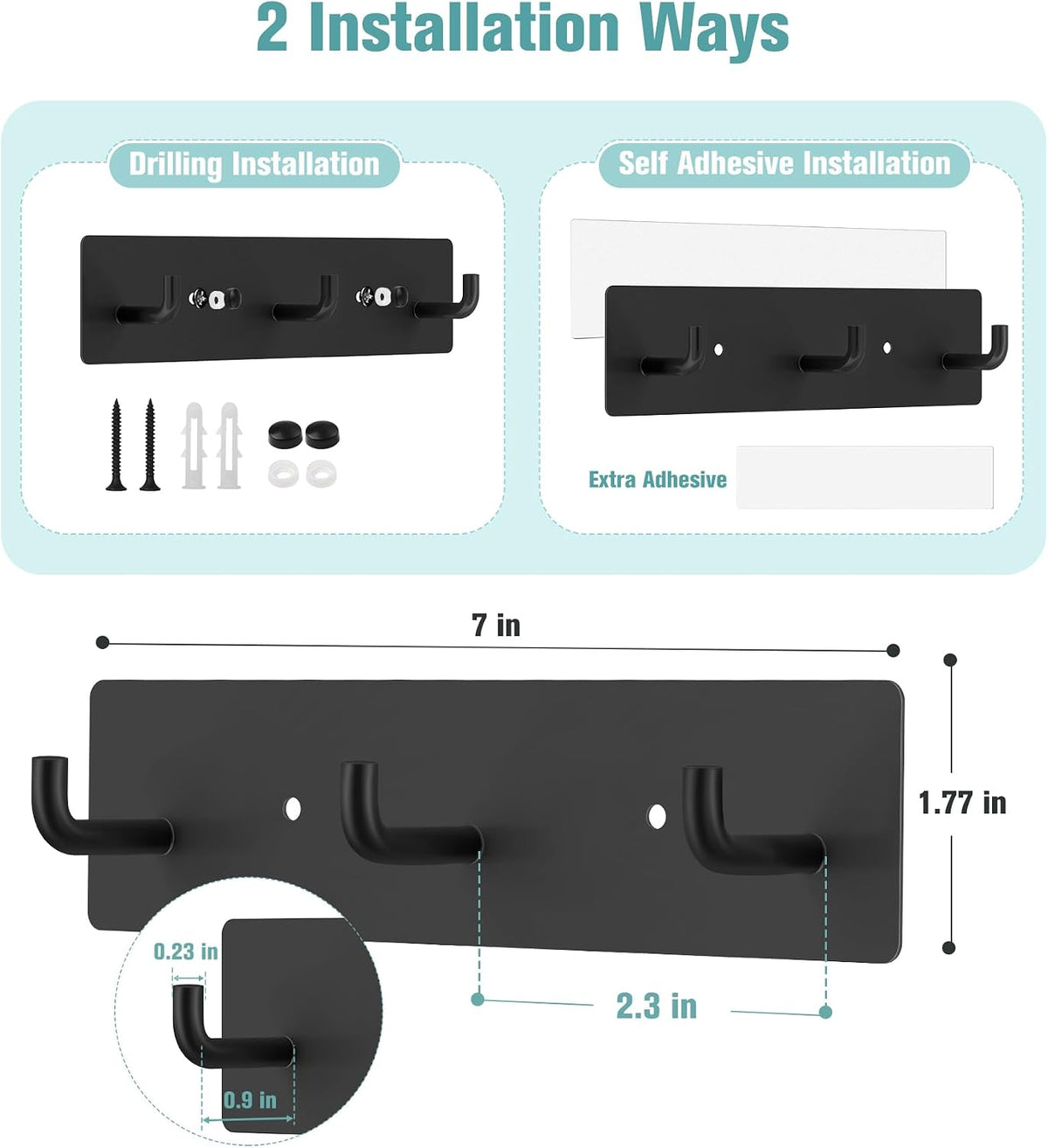 RELBRO Key Holder Wall Mount, Key Rack with 3 Hooks, Small, Black