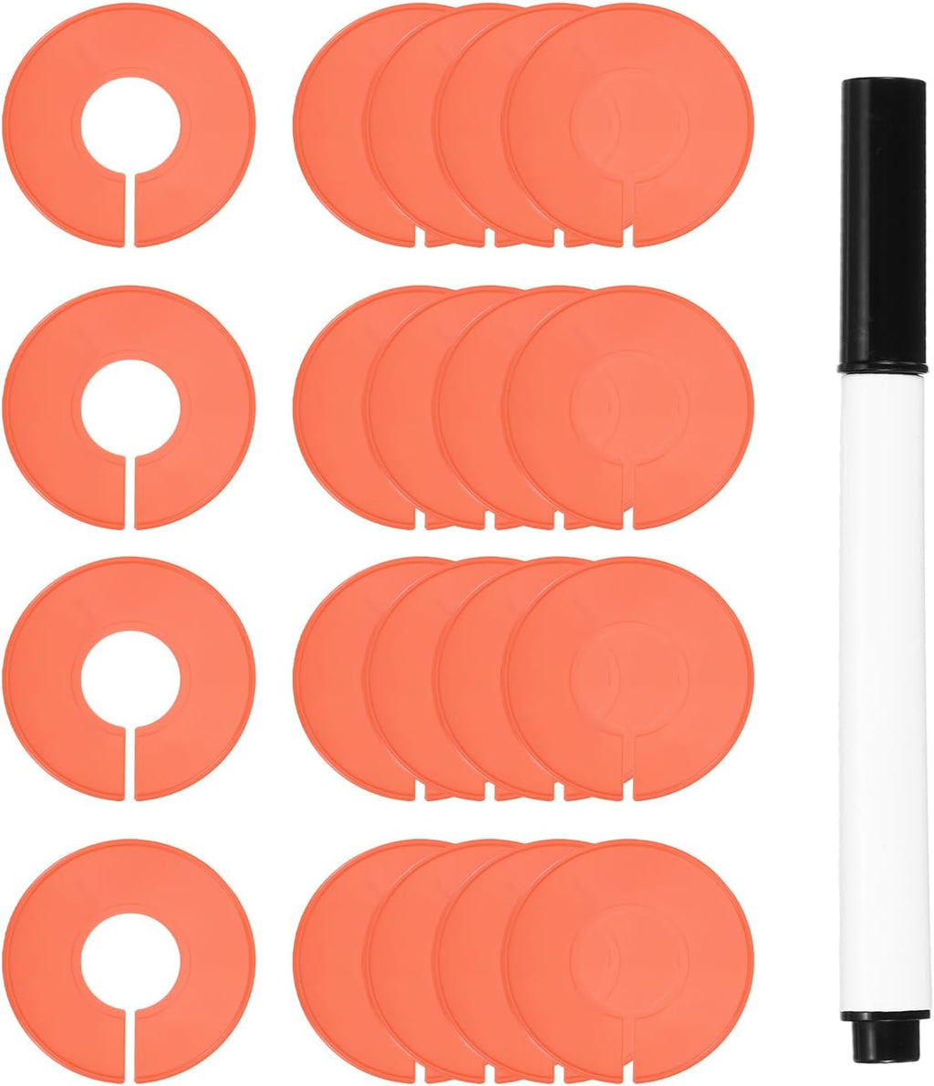 uxcell Clothes Dividers,20 Pack Round Closet Rack Dividers Clothing Rack Size Dividers Blank Labels with Marker Pen Writable & Reusable for Hanging Clothes Sorting Size, Orange