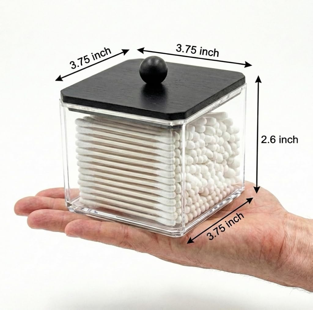 SheeChung 2 Pack Square Acrylic Qtip Holder with Black Wood Lid