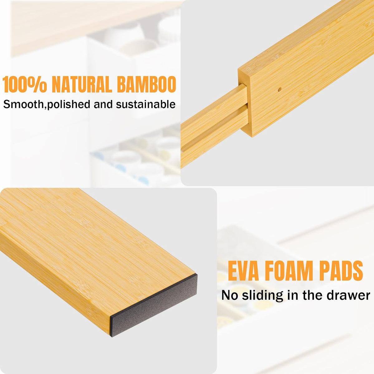 Bamboo Drawer Dividers Organizers, 2.56" High, 17"-21.8" Adjustable, 8 Pack