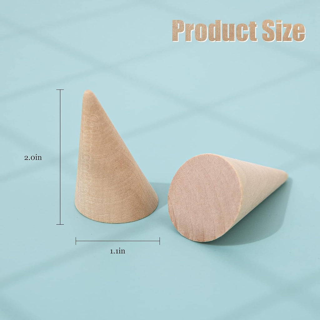Framendino, 10 Pack Natural Wood Cone Ring Holder Finger Jewelry Display Stand Organizer for DIY Craft (Tilted Shaped)