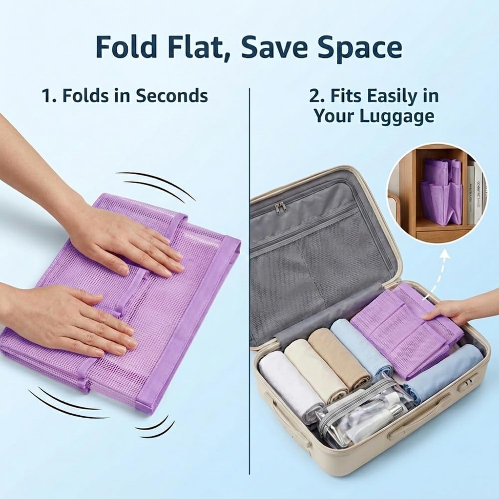 Mesh Shower Caddy Portable for College Dorm Room Essentials, Large Foldable Camp Travel Shower Bag with 9 Pockets, Quick Dry Bathroom Toiletry Tote Bag for Beach Swimming Gym Women Men (Purple)