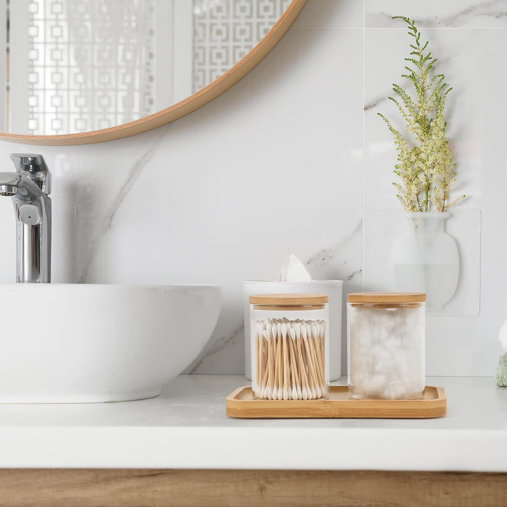 BKYFPQ Glass Qtip Holder Dispenser with Bamboo Vanity Tray