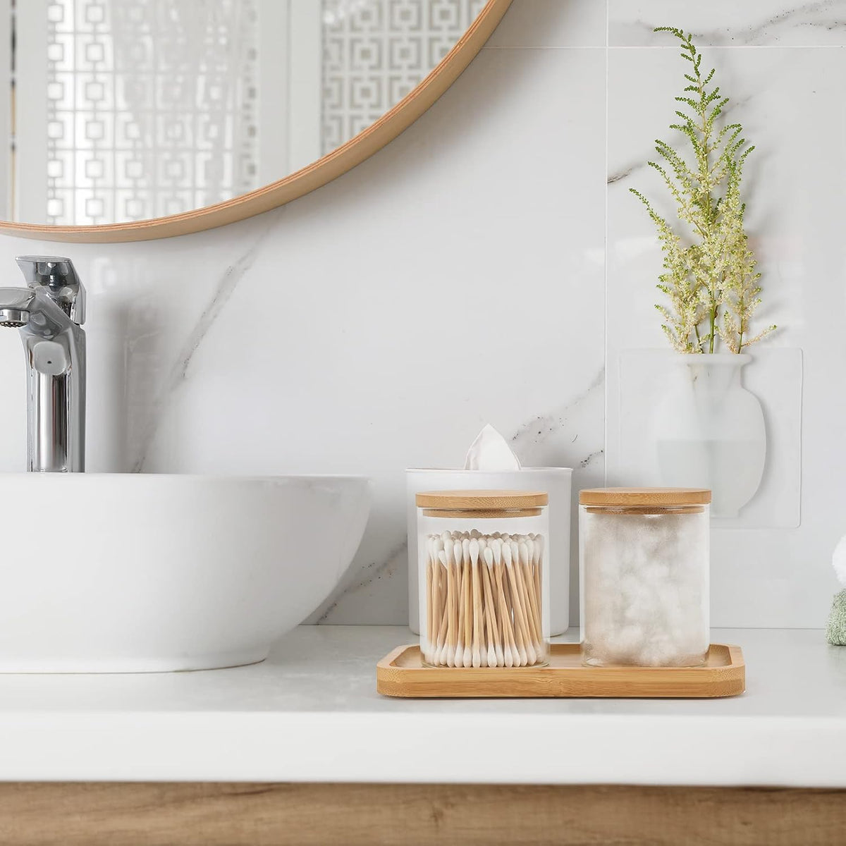BKYFPQ Glass Qtip Holder Dispenser with Bamboo Vanity Tray