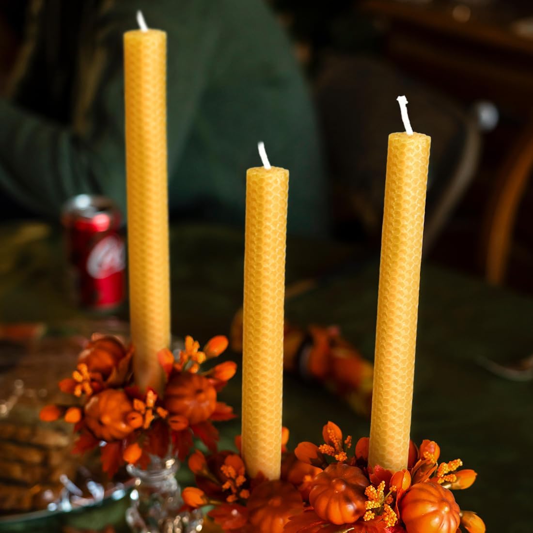 9" Hand-Rolled Beeswax Taper Candles, Honeycomb, 16-Pack, Natural