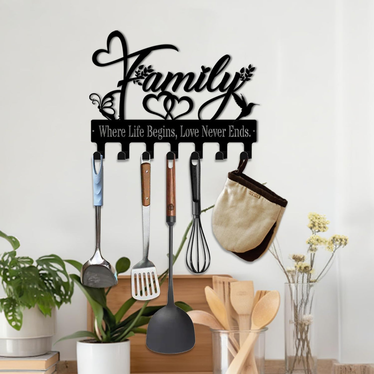 Key Holder Wall Mount, Family Where Life Begins, Love Never Ends Sign, Key Holder Wall for Wall Decorative with 6 Hooks, Organizer Rack Hanger for Entryway, Front Door, Hallway, Office 9.8 inches
