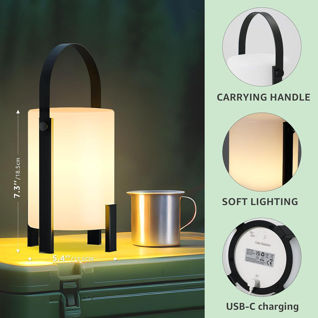 uuffoo Outdoor Rechargeable Lantern LED Table Lamp Shower Lamp Cordless 3000K and Candle Light IP44 Rain-Resistant | with Remote | PE & Metal for Bathroom Patio Camping Restaurant Home