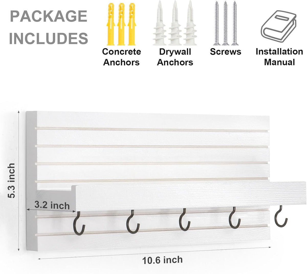 Lwenki Decorative Key Holder for Wall with Shelf, Entryway Shelf with Hooks Holds Leashes, Jackets and Glasses – Sturdy Wood Keyholder Entrance Hanger with Mounting Hardware (White, Medium)