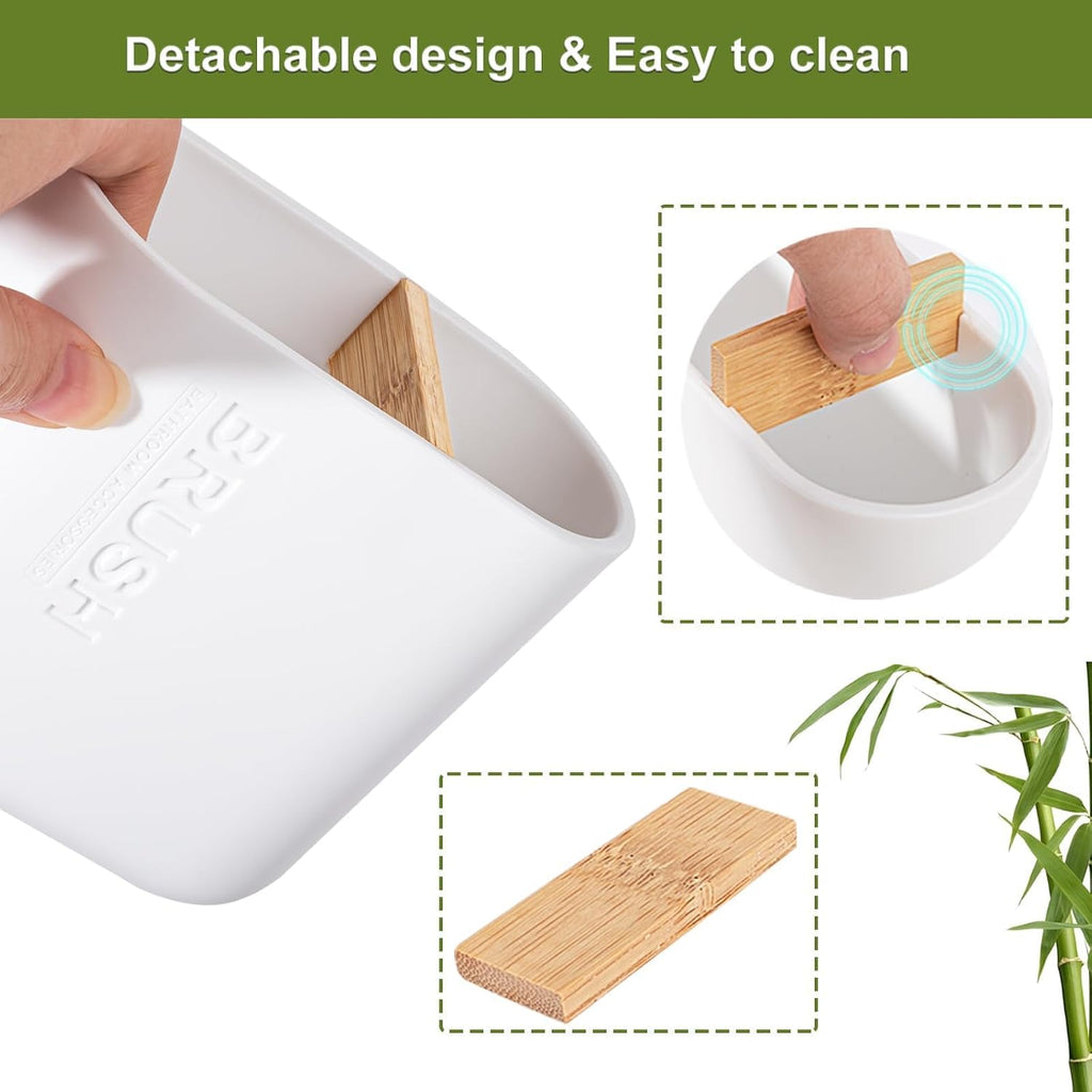 Toothbrush Holders Bamboo Electric Toothbrush Holder Bathroom Storage Organizer Countertop for Toothpaste, Floss, Razor, White
