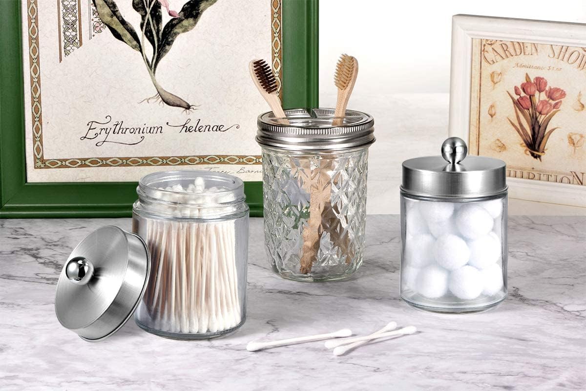 Amolliar Apothecary Jar Qtip Holder w/Metal Lid, Glass, Brushed Nickel